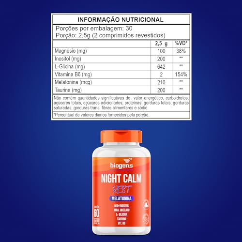 Night Calm Rest Melatonina, mio-inositol, Magnésio Quelato, L-Glicina, Taurina e Vitamina B6, Biogen