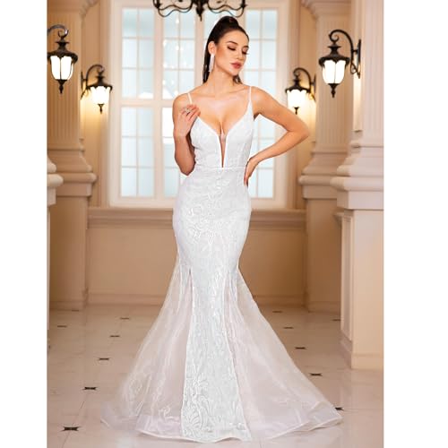 Image of Spaghetti Sequin Formal Dress Tulle Mermaid Floor Length Evening Night Party Gown