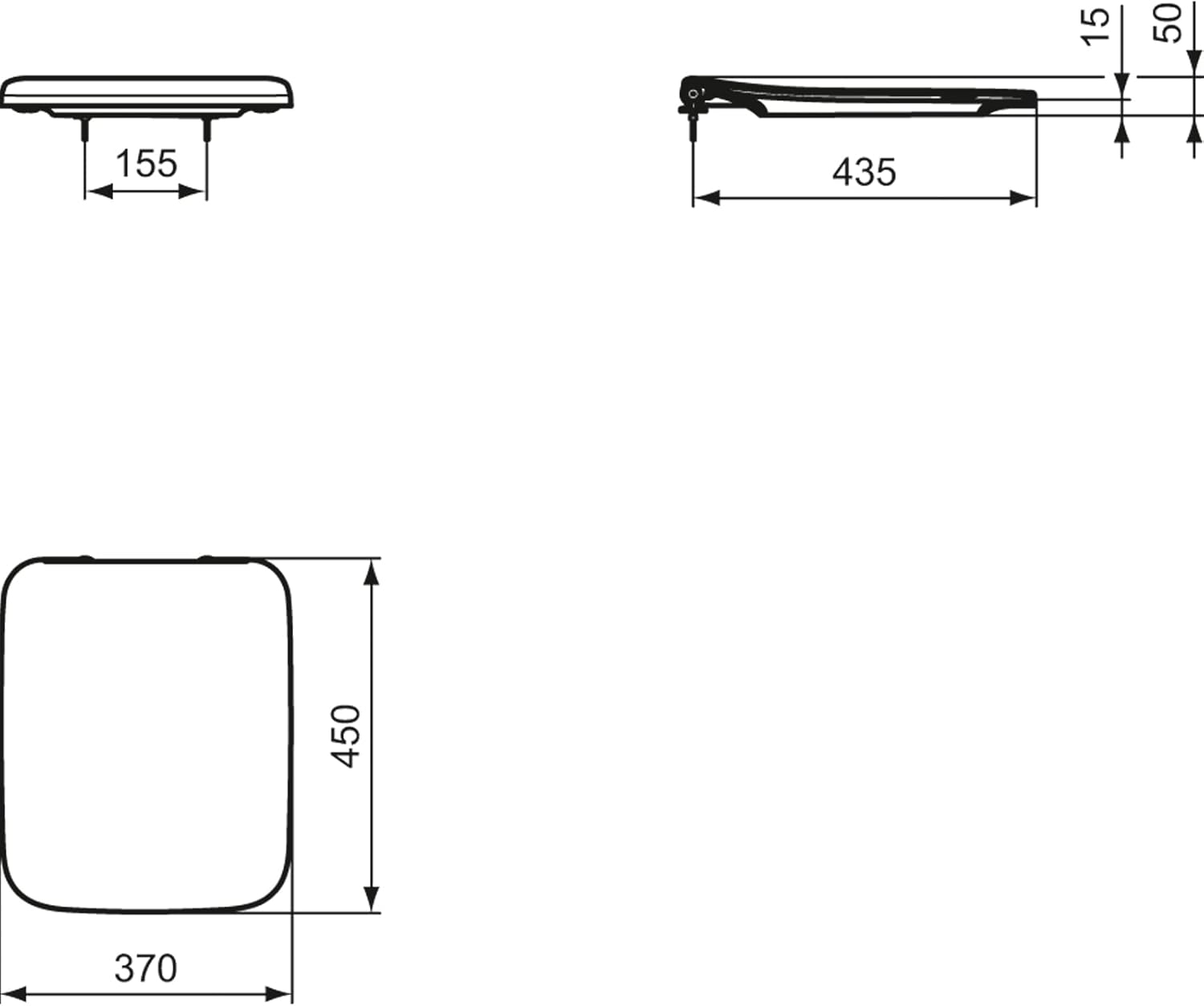 Diagram showing dimensions of the Ideal Standard Strada II toilet seat