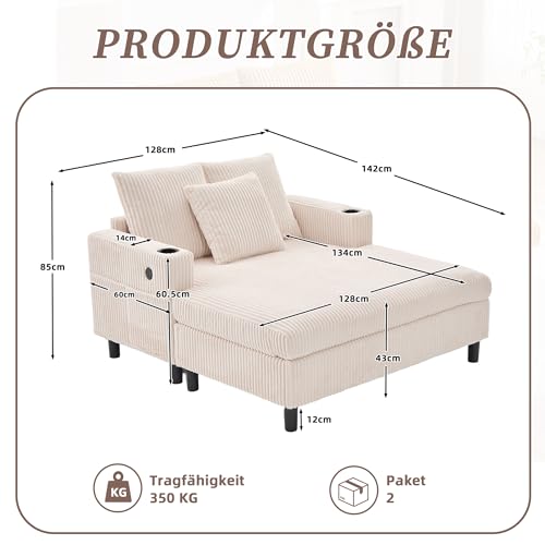 Soweiz Sofa, weicher Chaiselongue-Liegesessel mit seitlichen Getränkehaltern, USB-Anschlüssen, integrierter LED-Ambiente-Beleuchtung – für Wohnzimmer, Schlafzimmer, 142x128x85cm (Beige)