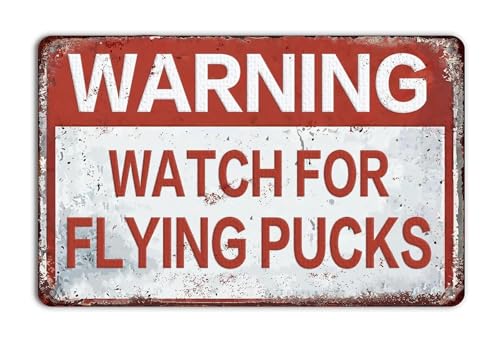 Hockey Rink Warning Metal Sign Watch For Flying Pucks 8x12 Inch | Nostalgic bar decor piece suits pub rec room or dormitory wall