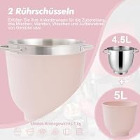 Kitchen in the box Küchenmaschine, 4,5 L & 5 L Knetmaschine, 10+P Geschwindigkeits Teigmaschine mit Knethaken, Rührhaken und Schneebesen, 1300 W, Rosa – Ansicht 4