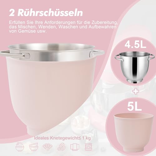 Kitchen in the box Küchenmaschine, 4,5 L & 5 L Knetmaschine, 10+P Geschwindigkeits Teigmaschine mit Knethaken, Rührhaken und Schneebesen, 1300 W, Rosa