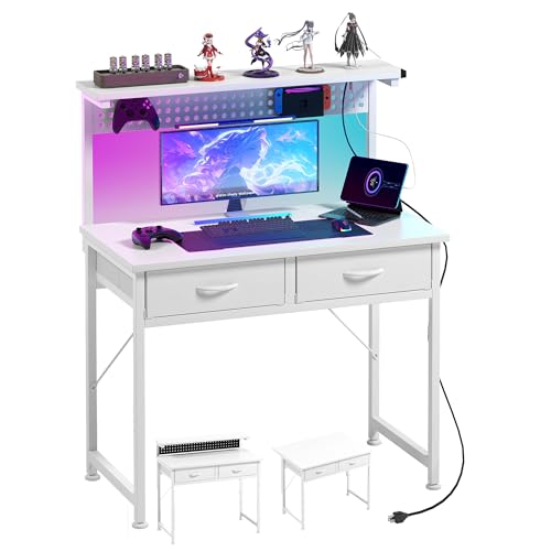 MUTUN Small Desk with Drawers, 31 Inch Computer Desk with Power Outlet & LED Light, Gaming Desk with Adjustable Monitor Stand & Pegboard, Modern PC Study Writing Table for Bedroom, White