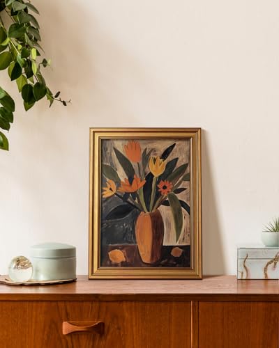 Image of VIYYIEA Vintage Gold Framed Wall Art for Living Room, Flowers Canvas Prints Home Decor, Oil Painting Picture, Bedroom Wall Decor Gifts for Friends or Family -【Tulip and Lemon】-(16L x 12W)