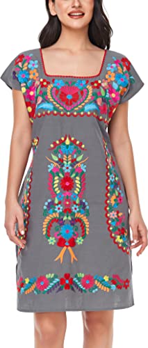 Image of YZXDORWJ Women Mexican Embroidered Dress Ruffle Collar Sleeveless