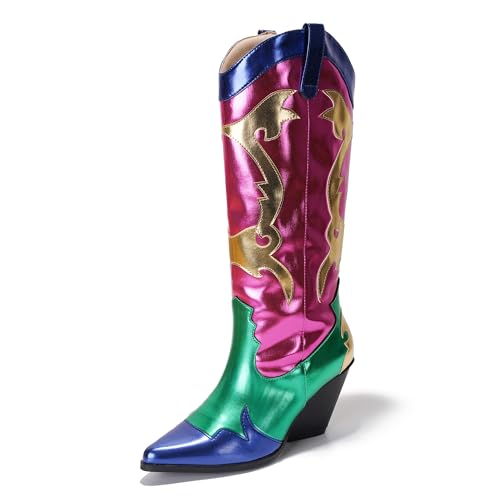 Cape Robbin Womens Metallic Colorblock Cowboy Boots Mid Calf 3 Inch Heel - Multicolor Western Boots with Pointed Toe & Comfort Footbed (Juliana) Pink 8