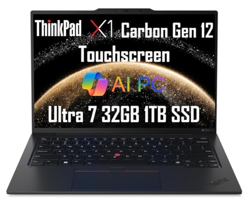 Image of Lenovo ThinkPad X1 Carbon Gen 12 Laptop (14 inch FHD+ Touchscreen, Intel Core Ultra 7 165U vPro, 32GB 6400MHz DDR5, 1TB SSD), Backlit, Fingerprint Reader, IR Webcam, 2x Thunderbolt 4, Win 11 Pro, AI PC