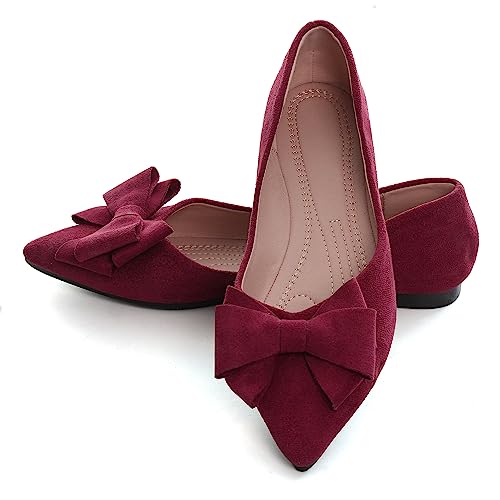 Dear Time Women Casual Comfortable Slip On Ballets Flats Pointy Toe Elegant Wedding Flat Shoes Wine Red-7490 US 4.5