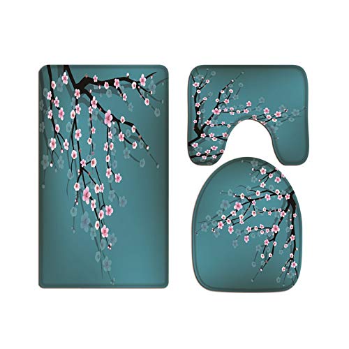 A.Monamour Badezimmer Badematte 3 Teilig Set Rosa Kirschblüten Blumiger Blauer Hintergrund Flanell...