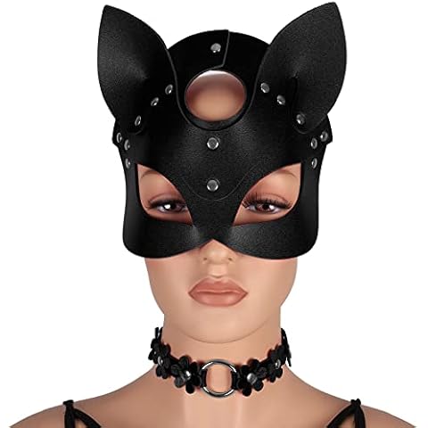 BANSSGOTH Leather Fox Cat Woman Mask Masquerade Flowers Choker Half Face Fox Mask Cat Adjustable Size Costume Props (Black) Cover