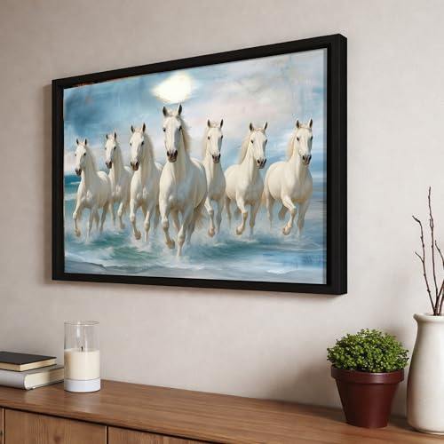 Image of 7 White Running Horses Vastu Framed Wall Art Painting for Living Room| Symbol of Success, Purity & Positive Energy Seven Horse Painting With Frame for Home & Office, 17x23 Inch