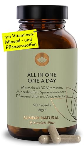 SUNDAY NATURAL® Multivitamin Komplex - All in One – Premium Rundum-Versorgung mit nur 1 Kapsel: 30 A-Z Vitamine, Mikronährstoffe – 90 vegane Vitamin Kapseln - Laborgeprüft und Ohne unnötige Zusätze