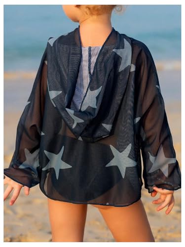 WDIRARA Toddler Girl's Star Graphic Sheer Hooded Cover Up Long Sleeve Swimwear Beach Top2