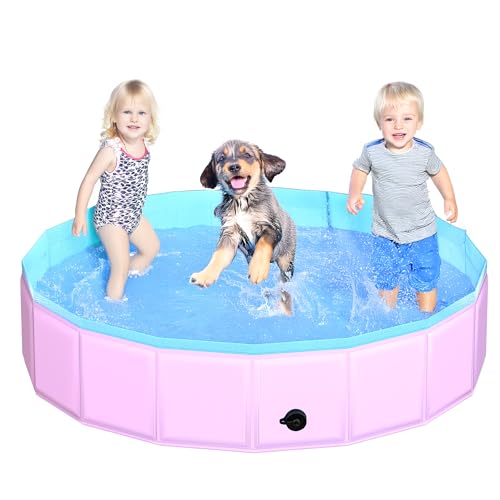 CACSPS Faltbarer Hundepool, 140 x 30 cm Kinderpool aus Hartplastik, rutschfeste Hundebadewanne für den Außenbereich, zusammenklappbarer Hundeschwimmpool für Kinder, Hunde und Haustiere (Rosa)