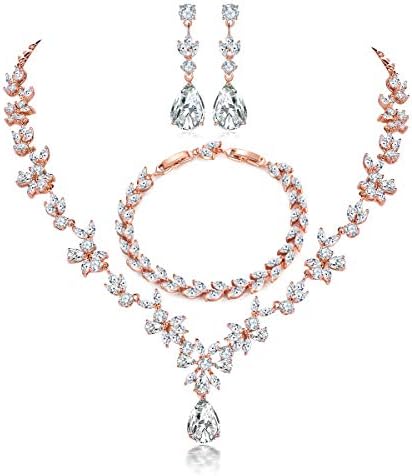 Hadskiss Jewelry Set for Women, Necklace Dangle Earrings Bracelet Set with White Cubic Zirconia, Rose Gold Plated Wedding Party Jewelry for Bridal Bridesmaid