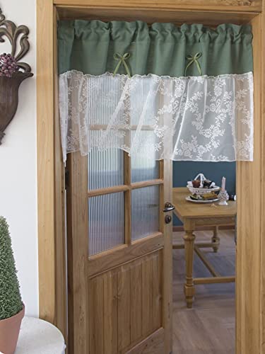 Cortina cocina ventana pequeña con visillo transparente, cenefa rústica de tul verde floral 3