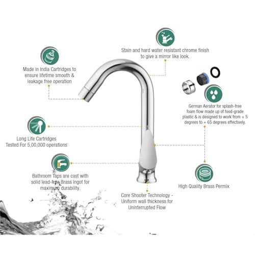Image of ESOW Kitchen Drinking Water Faucet, 100% Stainless Steel, Swan Neck Tap Basin | Sink Faucet 360 Swivel | Table Top Pillar Cock | Tap Sink for Home, Bathroom & Office (Soft)