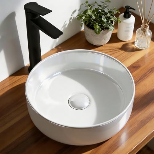NUESTRA VIDA Lavabo da Appoggio Tondo in Ceramica, 36 cm (Diametro) x 12 cm (Altezza), Bianco, Design Compatto per Bagni Piccoli e Secondi Bagni