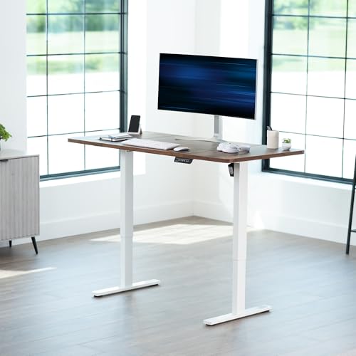 Image of VIVO Rustic Vintage Brown 60 x 30 in Standing Desk, DESK-KIT-1W6N-30 | Electric, Holds 220 lbs, Sit Stand, Height Adjustable, Extra Deep Table Top, Memory Presets, 1B Series, White Frame