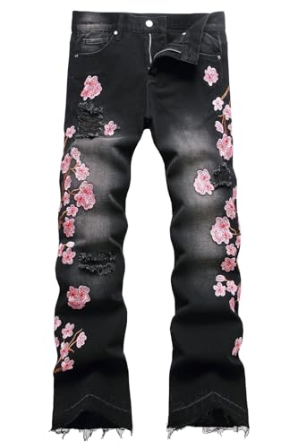 Men's Vintage Flared Jeans Slim Fit Bell Bottom Demin Jeans Ripped Foral Embroidery Denim Pants,5710 Black,Size 38