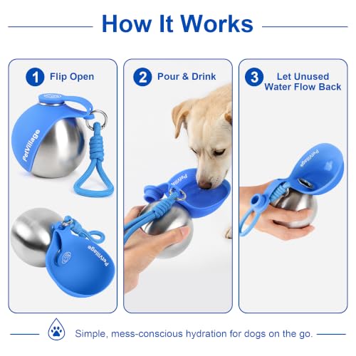 Image of 2-in-1 Dog Water Bottle with Foldable Bowl, Portable Leak-Proof Pet Travel Water Dispenser, Stainless Steel Dog Hydration Bottle for Walking, Hiking, Small Dogs & Puppies, Blue 10oz