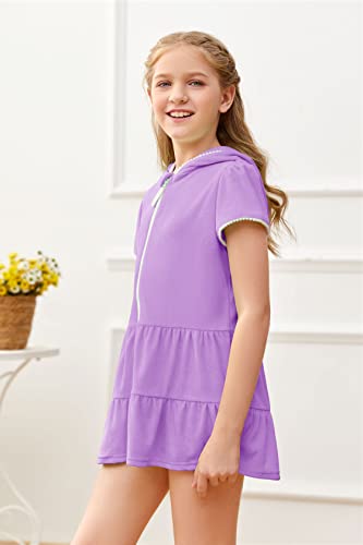 Image of Mafulus Girls Hooded Terry Coverups Swim Beach Zip Cover-Up Summer Short Sleeve Ruffle Dress