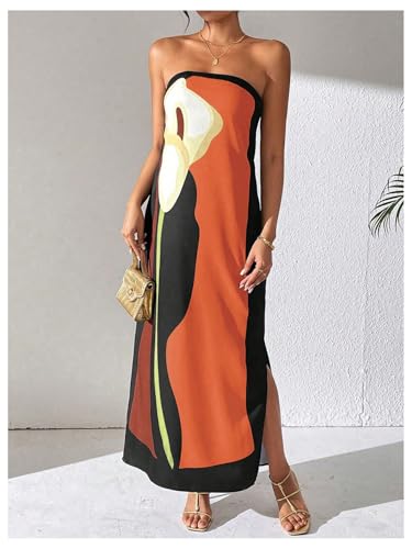 SOLY HUX Vestido feminino longo de verão com barra dividida sem alças e sem mangas, Laranja e preto,