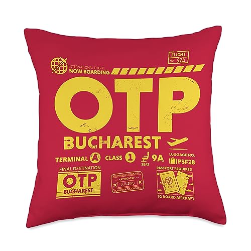Vintage Bucharest OTP Airport Code Travel Day Retro Tag ROM Throw Pillow