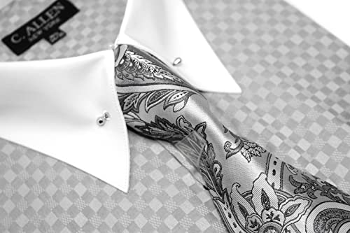 Men's Checkerd Pattern Regular Fit French Cuffs Long Sleeve Dress Shirts with Tie Hanky Cufflinks Collar Bar Combo3