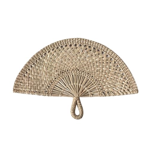SHINROAD Summer Handheld Fan Weaving Hand Handmade Straw Natural Sea Grass Raffia Semicircular Woven Palm Leaf for Cooling Wedding Party Decoration Lightweight Khaki