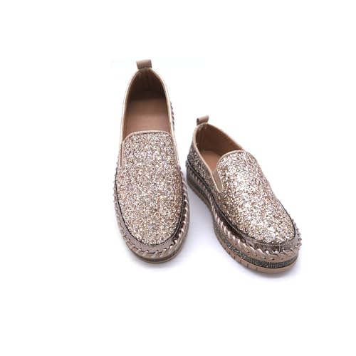Image of Women's Platform Rhinestones Glitter Fashion Sneakers Comfortable Slip On Flat Loafers Walking Wedding Dress Shoes Casual Shoes