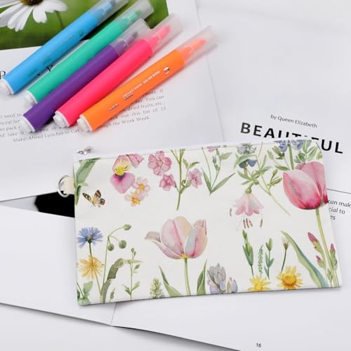 Flowers Tulip Butterflies Fashion Coin Purse Change Makeup Bag Canvas Pencil Pouch Travel4