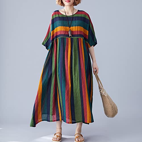 Mingzhe Vestido feminino de algodão de linho vintage listrado estampa oco meia manga pocekt plus siz