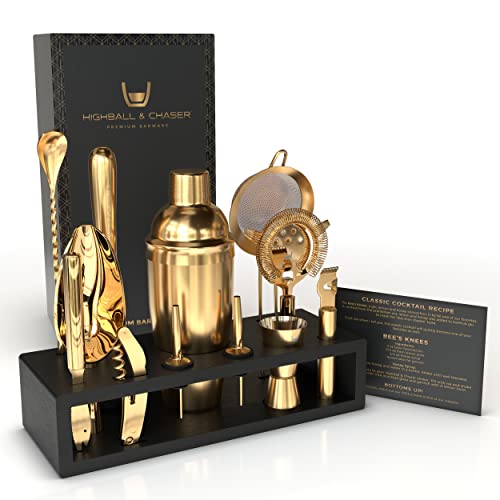 Highball & Chaser Bartender Kit with Espresso Bamboo Stand. Beautiful Cobbler Cocktail Shaker Set with Bar Tools Rustproof Stainless Steel Bar Set (Matte Gold) by Highball & Chaser - Used condition - Image 8