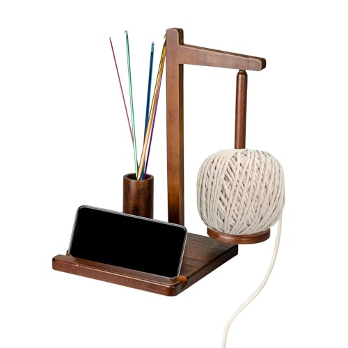 Image of Wooden Yarn Holder with Phone Stand and Crochet Hook Storage - Magnetic Yarn Spool for Knitting and Crocheting, Ideal Choice for Craft Lovers