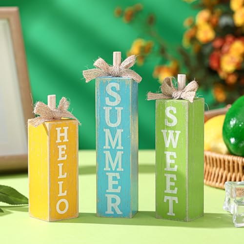 Seeloowy 3 Pcs Hello Sweet Summer Table Block Signs Rustic Farmhouse Wood Lemon Centerpiece Blue Yellow Green Hello Summer Decorations for Tiered Tray Decor Home Office Kitchen Mantel Shelf Indoor