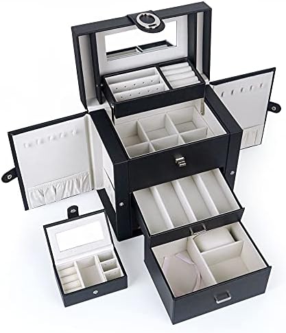 Kendal Jewelry Box for Women, Leather Jewelry Organizer with 2 Drawers and Mirror, Ideal Christmas Gifts for Girlfriend, Portable Mini Jewelry Case for Necklace, Ring, Jewelry LJC08BK