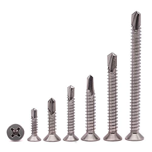 #12 x 2 Phillips Flat Head Sheet Metal Screws, Stainless Steel 410 Self Drilling Screws for Metal, Countersunk Head, Phillips Drive, Self Tapping, 50 Pack