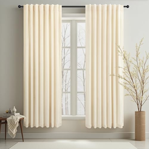Image of Beige Cream Velvet Curtains 72 Inch Long for Bedroom Luxury Living Room Darkening Sound Proof Thermal Curtain for Summer Heat Blocking Light Drape Neutral Rustic Vintage Victoria 52x72 Length 2 Panels