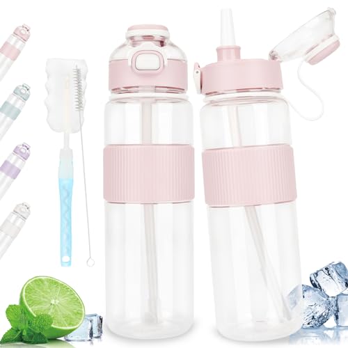 AOPREL Trinkflasche, 1L Wasserflasche Auslaufsicher Sport Trinkflasche 1L mit Strohhalm, BPA-frei Sportflasche für Gym, Schule, Fahrrad, Fitness, Camping (Pink)