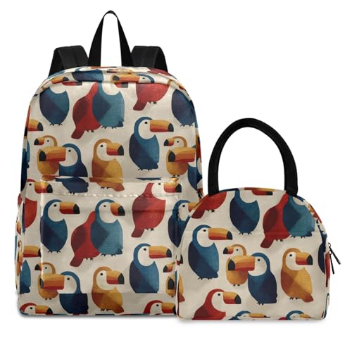 Cartoon Hornbill Print Backpack Set with Lunch Bag, Large Capacity Travel Backpacks and Lunch Box Insulated for Commute Hiking Picnic