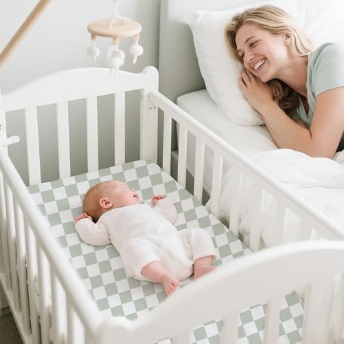 Image of Konssy 2 Pack Muslin Bassinet Sheets for Baby Boy, 100% Cotton Soft Breathable Bassinet Mattress Sheets Fit for Hourglass Oval Cradle Rectangle Mattress (Green Dino,Baby Green Plaid)