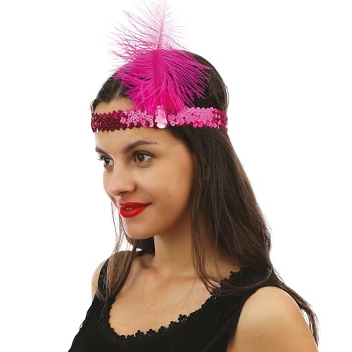 P'tit Clown - 20143 - Bandeau Charleston à Sequins avec Plume - Sequins Headband - Accessoire de Déguisement - Carnaval, Fête à Thème, Nouvel An, St Sylvestre, Paillettes, Soirées Déguisées - Fuchsia