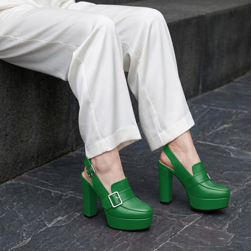 Image of Women's High Heel Loafers Platform Pumps Round Toe Heels Chunky Heel Pumps Stylish Comfortable 4.8 Inch Slingback Heels