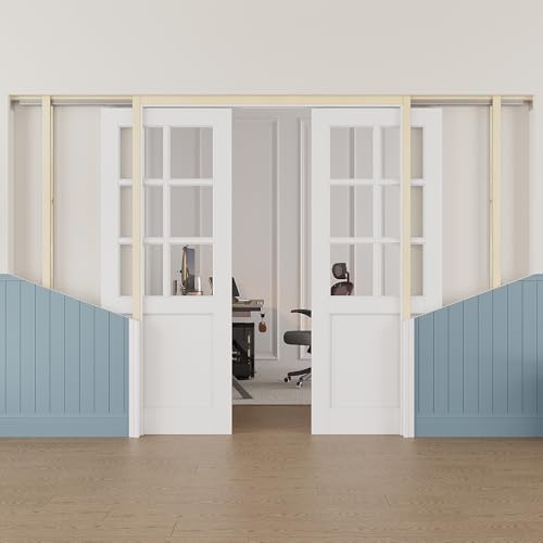 Image of 72 inch x 80 inch (Double 36 inch x 80 inch) 6-Lite Clear Glass Pocket Door, Soft-Close Sliding Pocket Door with Frame & Hardware Kit Set, Primed All-Inclusive Interior Door Slab for Home, White, Need to Assemble