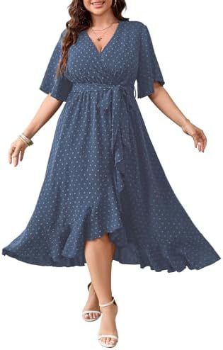 SCOMCHIC Women's Plus Size Summer Dresses Short Sleeve Wrap V Nec...