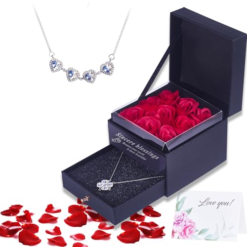 WISAZCDY Preserved Rose Gifts for Girlfriend,Girlfriend Birthday Gifts,The Best Mom Gifts,Thank You Gifts for Women,Valentines Mothers Day Gifts with Necklace Changeable Shape(White Blue Gold)