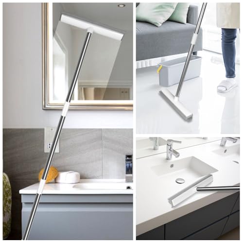 AMFUN 2 in 1 Gummibesen mit Stiel, Besen Gummiborsten, Langen Stiel Besen Entfernen von Tiere Katzen Hunde Haare, Bodenbürste für Bödenzum Teppiche Fliesen (mit 2 Hartborsten Eckenreinigungsbürste)