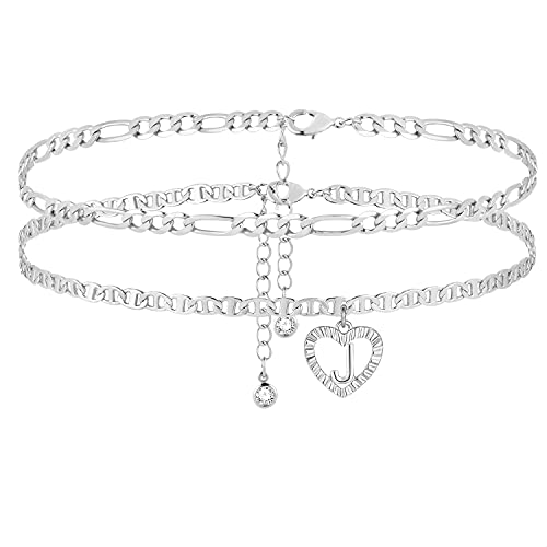Image of Initial Ankle Bracelets for Women 2pcs 18K Gold Plated Handmade Layered Letter Heart Figaro Chain Flat Mariner Anklets for Women Cute Summer Beach Foot Jewelry
